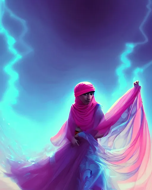 Image similar to beautiful arab woman in niqab, floating in mid - air, long flowing fabric, haunting, dancer, flowers, rain, lightning, storm, digital painting, illustration by james jean and tinothy kong and artgerm, volumetric lighting, realism, artstation