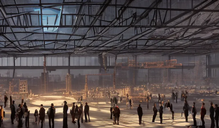 Image similar to group of people in simple warehouse, staring at hologram of futuristic city on a table, cinematic concept art, godrays, golden hour, natural sunlight, 4 k, clear details, tabletop model buildings, center model buildings, hologram center, crane shot, crane shot, crane shot