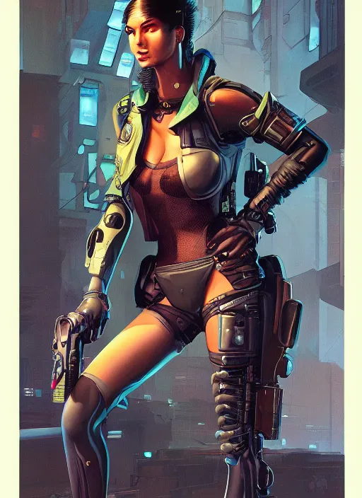 Image similar to cyberpunk mercenary. portrait by john philip falter and will eisner and gil elvgren and pixar. realistic proportions. overwatch, cyberpunk 2 0 7 7, blade runner 2 0 4 9 concept art. cel shading. thick lines.