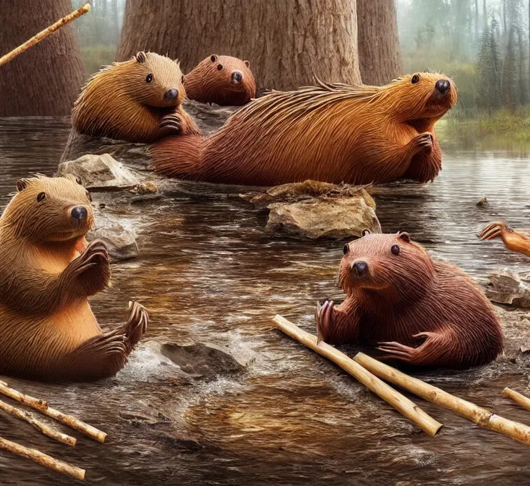 Image similar to photography hyperrealism concept art of anthropomorphic beavers builders that building city with sticks