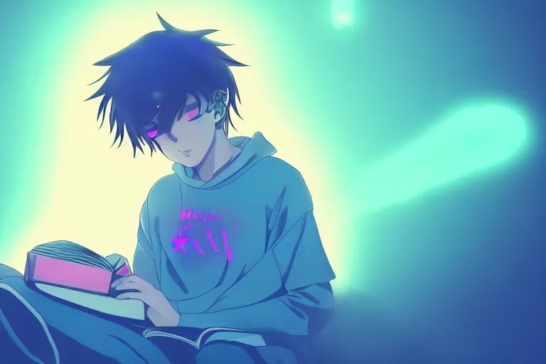 Image similar to an anime boy reading a book, misty, glows, digital art, hazy, foggy, ambient lighting, 8 k, neon, synthwave,