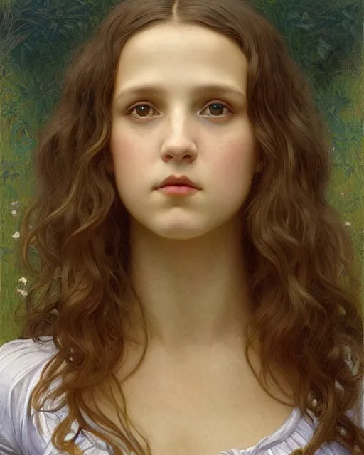 Prompt: an art nouveau painting of a girl resembling alicia vikander or millie bobby brown in an oversize t - shirt, highly detailed, intricate, artstation, by donato giancola and william adolphe bouguereau