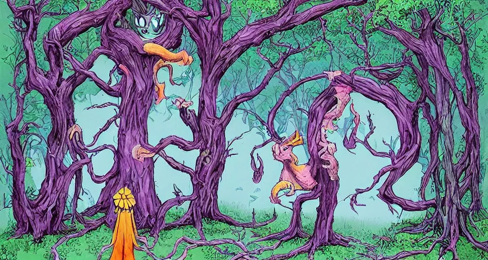 Image similar to Enchanted and magic forest, by alex pardee