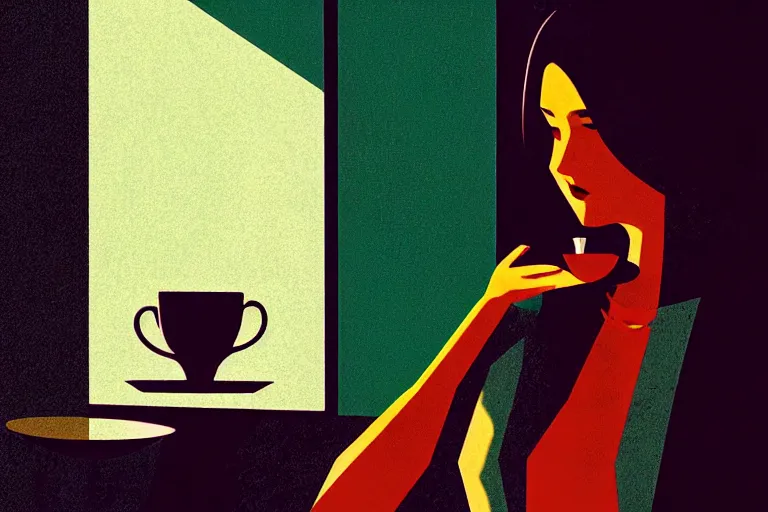 Prompt: editorial illustration by Karolis Strautniekas and Mads Berg,manga, portrait of a sad young woman drinking tea, colorful, fine texture,detailed, muted colors,film noir, dramatic lighting, dynamic composition,moody, vivid, matte print, wide angle,((sunbeams)), modern art deco