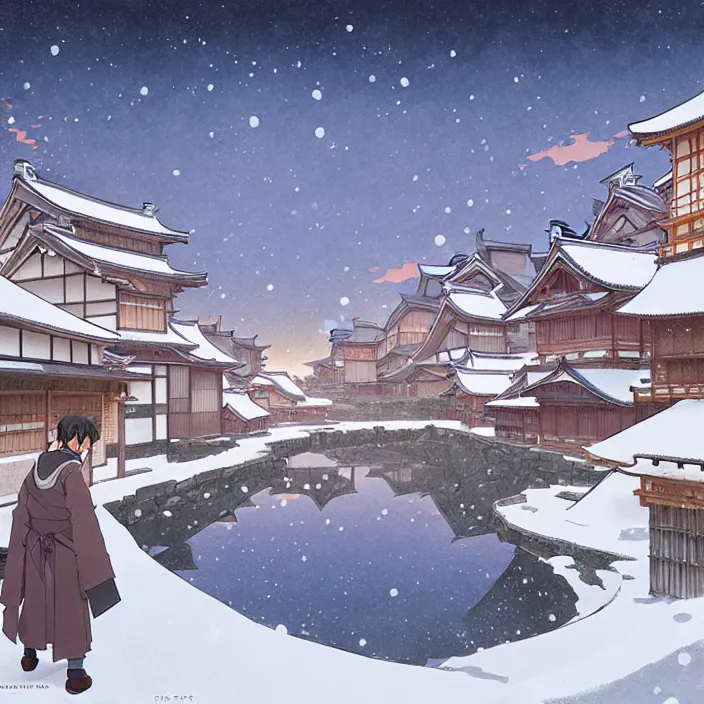 Image similar to japanese rural town, winter, in the style of studio ghibli, j. c. leyendecker, greg rutkowski, artem