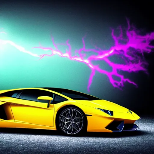 Image similar to lamborghini car, with lighting strikes around, x-ray colour way