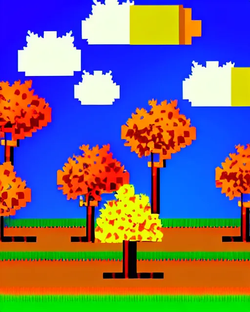 Prompt: 8 bit indie arcade game scene, blue sky with clouds, 2 8 different autumn trees with colored leaves, leaf fall.. details of the game trees, earth, clouds, sky background