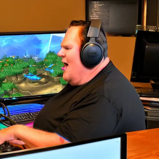 Image similar to obese Adam West wearing a headset yelling at his monitor while playing WoW highly detailed wide angle lens 10:9 aspect ration award winning photography