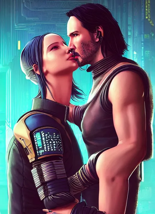 Image similar to a cyberpunk 2077 couple portrait of Keanu Reeves & female android in final kiss,love,film lighting,by Laurie Greasley,Lawrence Alma-Tadema,Dan Mumford,artstation,deviantart,FAN ART,full of color,Digital painting,face enhance,highly detailed,8K,octane,golden ratio,cinematic lighting