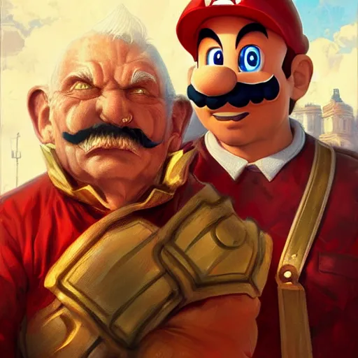 Prompt: super mario and old man bowser, highly detailed, digital painting, artstation, illustration, art by artgerm and greg rutkowski and alphonse mucha