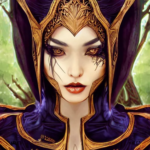 Image similar to elf sorceress character portrait wearing black silk, concept art, intricate details, highly detailed photorealistic portrait in the style of adam hughes, seseon yoon, artgerm and warren louw