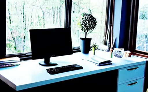 Image similar to photo of a home office dream setup, high-end computer, office chair, large monitor, cozy, soft light, beautiful peaceful view out of the large window