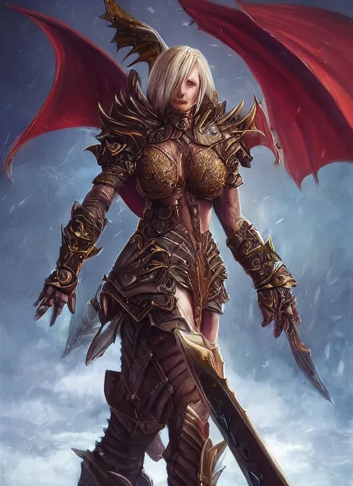 Image similar to a ruthless female paladin, full body, 8 k, hyperrealistic, dragon slayer, hyperdetailed, fantasy portrait by laura sava