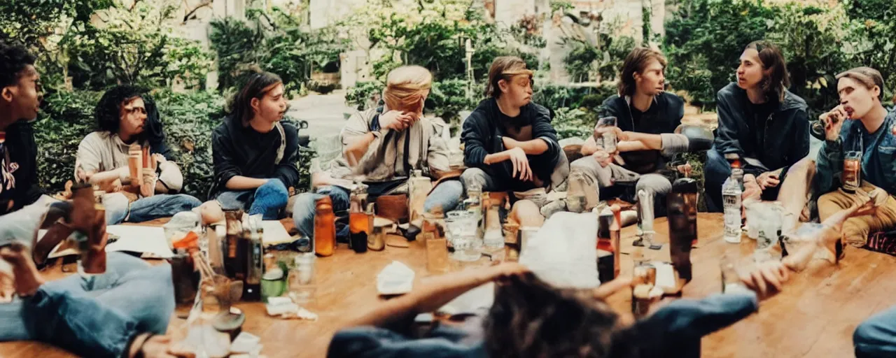 Image similar to a group of gen z friends sitting around talking about climate change while drinking old fashions, in the style of a lofi chillstep video