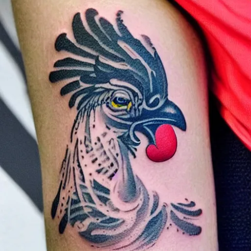 Prompt: A small tattoo of a black rooster. The black chicken is holding smoking a large cannabis blunt in its mouth