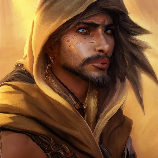 Image similar to portrait of young wild arabian nomad half werewolf, with yellow cloths, league of legends splash art, castlevania, hearthstone splash art, full body shot, rule of thirds, ultrafine hyperrealistic detailed face, artgerm, greg rutkowski, trending on artstation, 8 k, intricately detailed, highly detailed