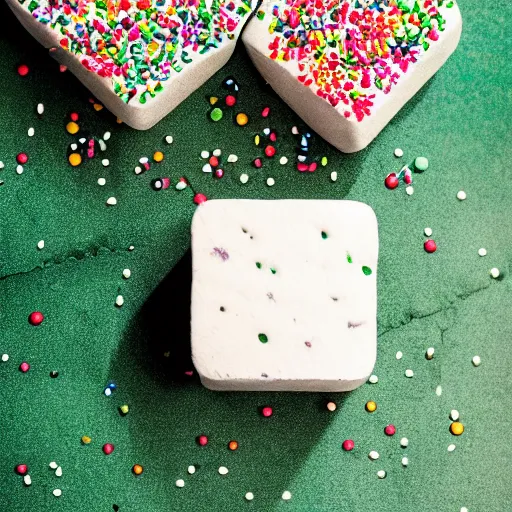 Image similar to photograph of a marshmallow cube with sprinkles on a dark wooden chopping board, chocolate drizzle, green pastel colours, hessian cloth, styled food photography, photorealistic, 4 k