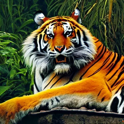 Prompt: Extraordinarily regal looking tiger lounging in the jungle. Award winning art