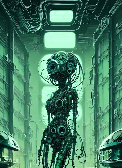 Image similar to highly detailed portrait of a biopunk long curly white hair tribal lady, stray wiring by atey ghailan, james gilleard, by joe fenton, by greg rutkowski, by greg tocchini, by kaethe butcher, 4 k resolution, gradient green, black and white color scheme!!! ( ( green slime robotic dystopian city background ) )