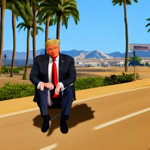 Image similar to Donald trump in GTA V . Los Santos in background, palm trees. in the art style of Stephen Bliss