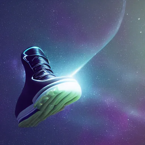 Prompt: a shoe floating in space seen from a distance, stars and galaxies, beams of light, trending on artstation, octane render