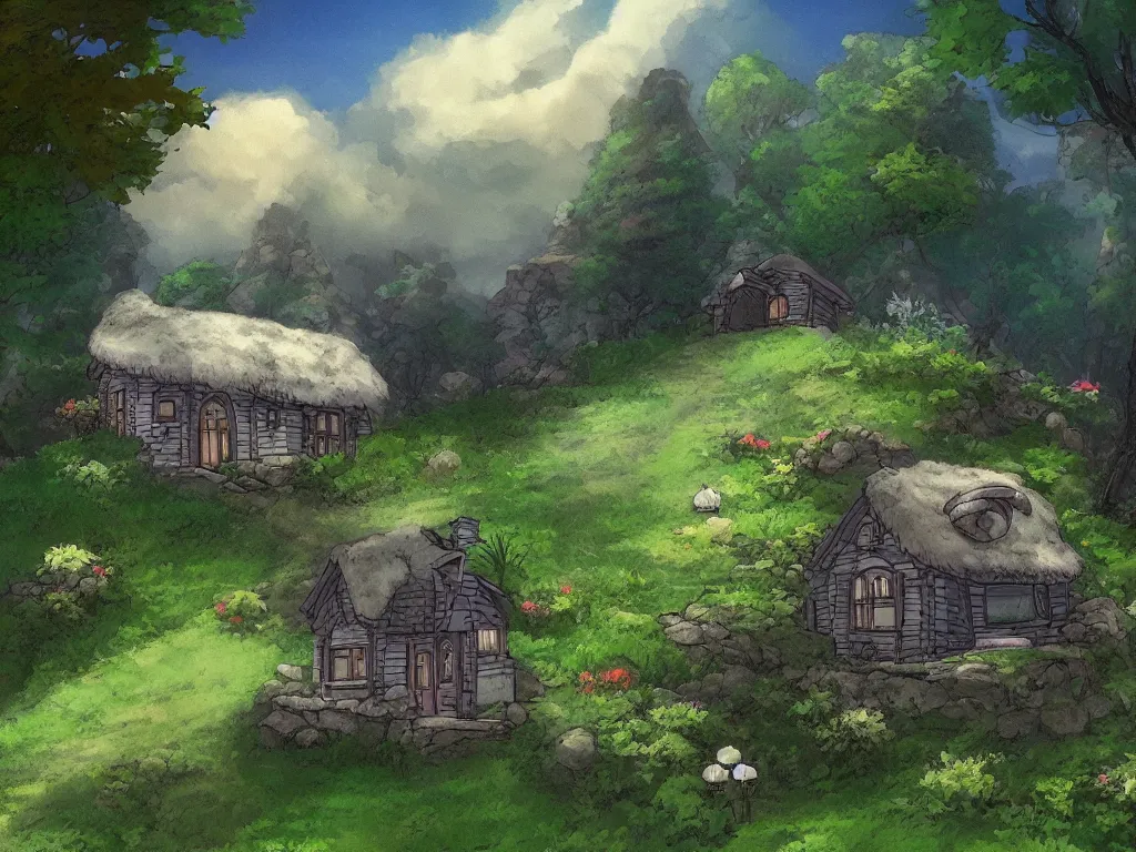 Image similar to cozy cottage on a hill in the style of Miyazaki