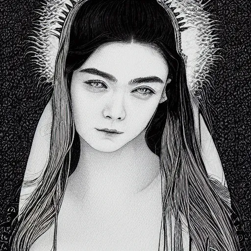 Prompt: professional painting of Elle Fanning in the style of Takato Yamamoto, head and shoulders portrait, symmetrical facial features, smooth, sharp focus, illustration, intricate, stormy weather, extremely detailed masterpiece,