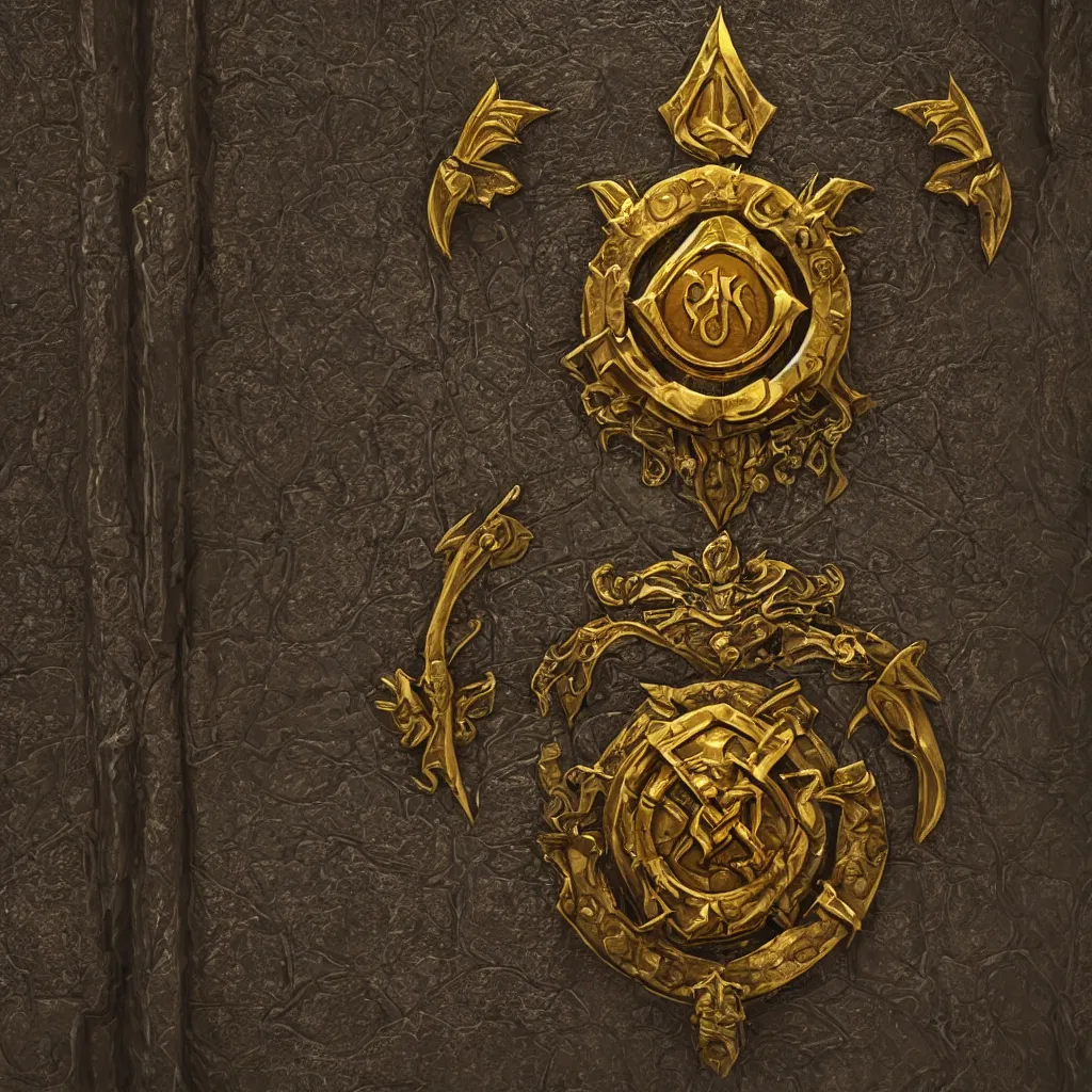 Prompt: symbol of a thieves guild on a secret door, embossed in gold, realistic, trending on artstation, unreal engine