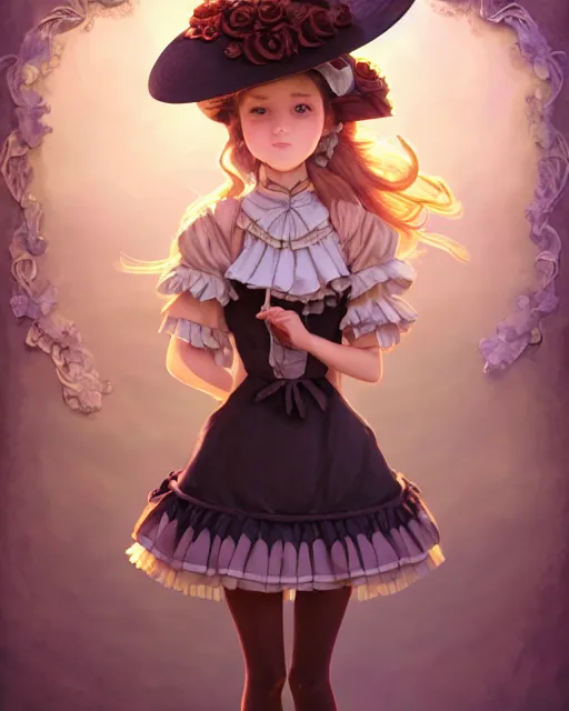 Prompt: a girl as ( fantasy personification of chocolate cupcake ), character design, cute hats, victorian inspired clothing, unreal engine, highly detailed, smooth, digital illustration by artgerm, studio ghibli, sharp focus, artstation. ribbons, fractal swirls. a fantasy bakery background by studio ghibli, makoto shinkai, global illumination, blender, maya 8 k