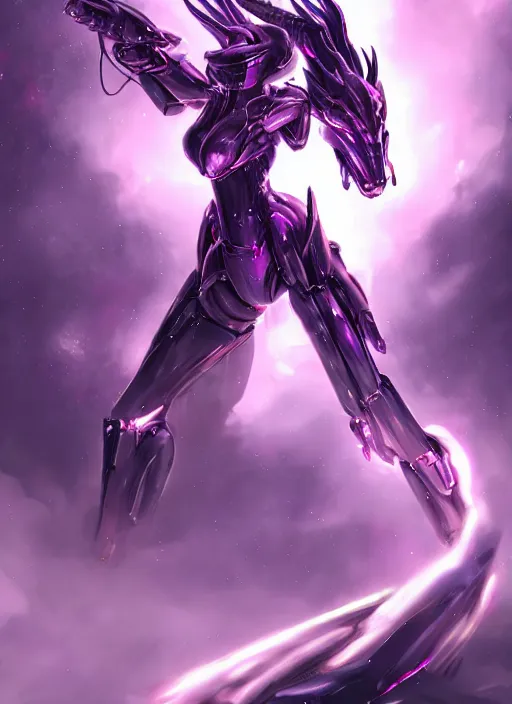 Image similar to cinematic goddess body shot, cosmic size beautiful stunning hot giant robot mecha female dragon, sharp cyborg dragon head, metal ears, led purple eyes, smooth fuschia skin, smooth silver armor, in space, epic proportions, macro, epic size, epic scale, furry art, dragon art, giantess art, warframe fanart, furaffinity, octane