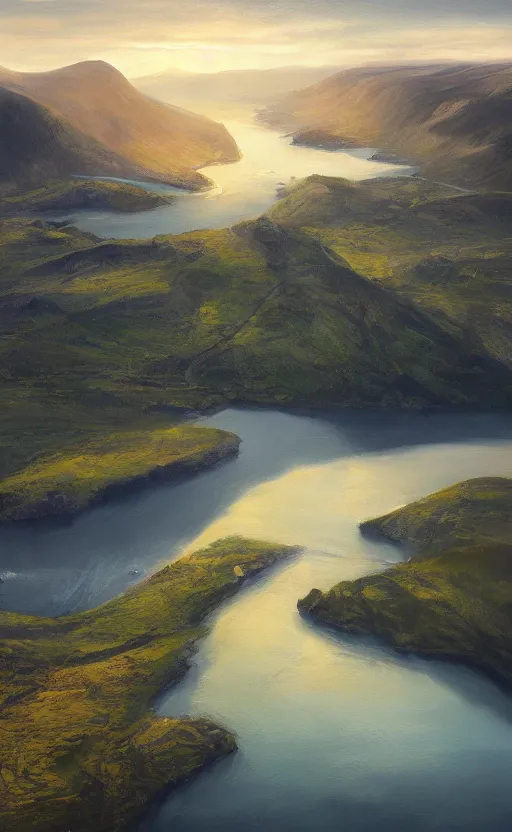 Prompt: nordic fjord, summer morning light, aerial view, cinematic light, soft illumination, cinematic composition, wide - angle, atmospheric, oil painting, trending on artstation