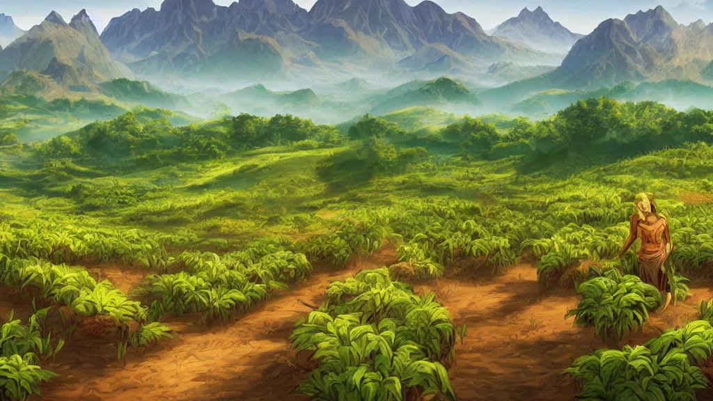 Prompt: straight rows of lush crops, mountains in the background, detailed digital 2d fantasy art