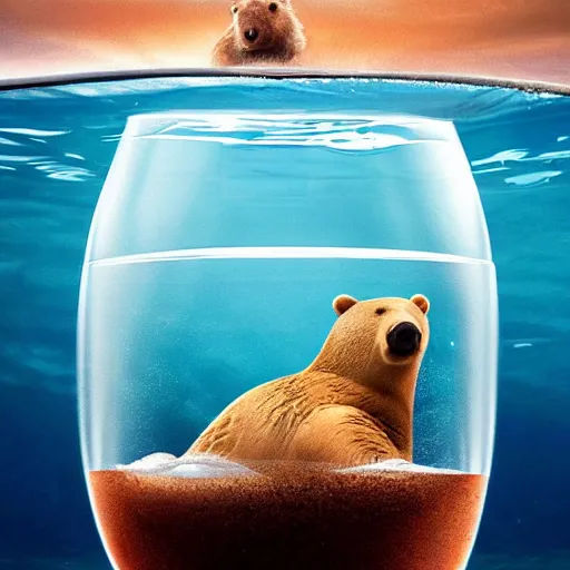 Image similar to a swimming bear inside of a fish bowl