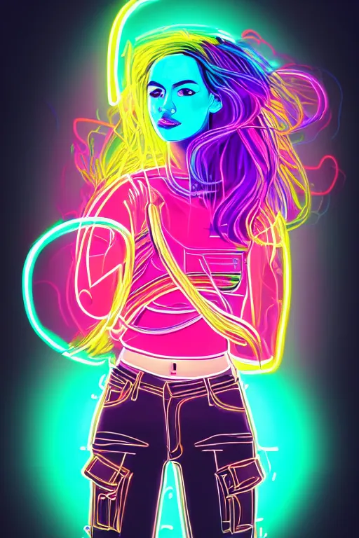 Prompt: a award winning half body portrait of a beautiful woman with stunning eyes in a croptop and cargo pants with hair like rainbow colored smoke by josan gonzales, outlined by whirling illuminated neon lines, outrun, vaporware, shaded flat illustration, digital art, trending on artstation, highly detailed, fine detail, intricate