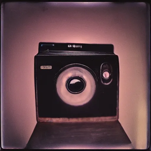 Image similar to an old tv with an eye peeking out of a know hole, old polaroid, expired film, surreal, creepy,