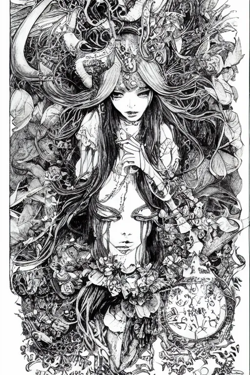 Image similar to Beautiful Alice in wonderland tarot card , pen and ink, intricate line drawings, by Yoshitaka Amano, Ruan Jia, Kentaro Miura, Artgerm, watercolor