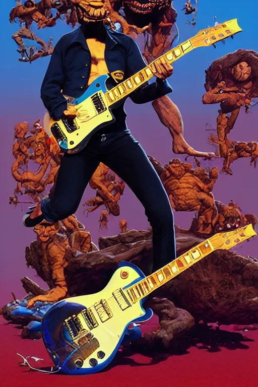 Image similar to barry chuckle ( shredding on a gibson les paul, art by frank frazetta and glenn fabry, and richard corben, 3 d rendering by beeple, 8 k )