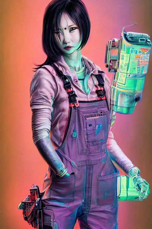 Prompt: a full body illustration of an Asian female cyberpunk character wearing dungarees, highly detailed, oil on canvas, soft lighting, neon pastel colors, by Glenn Fabry, HD, 4K