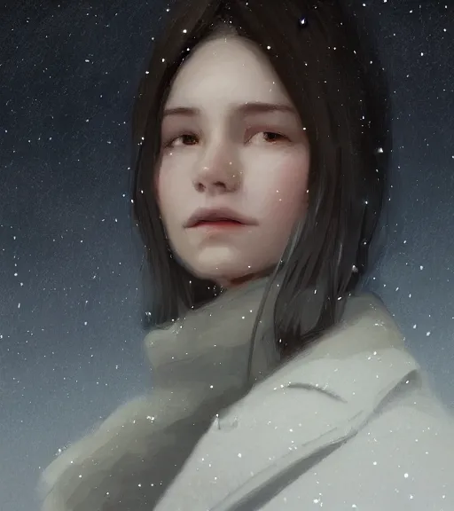 Image similar to face portrait of a beautiful girl in a coat, close portrait, snow - covered small house in a background, night, stars in the sky, the milky way in the sky, winter landscape, painting by craig mullins, octane rendering, wide angle lens, in the style of hayao miyazaki, trending on artstation,