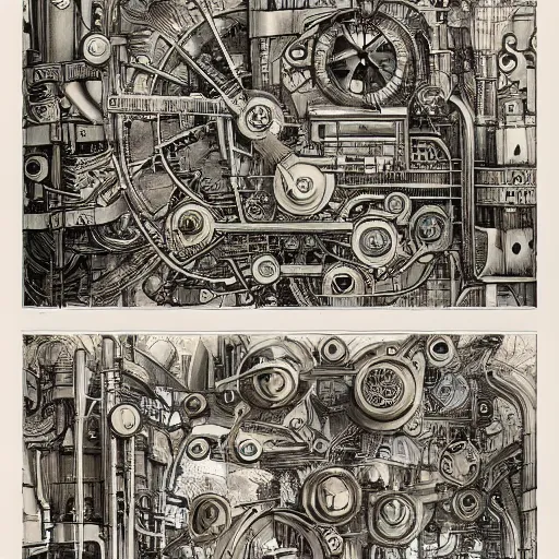 Prompt: a full page concept designs of a metropolis 1950s robotic device, steampunk blueprint, intricate details, ink on paper, scientific, Highly detailed labeled, poster, peter mohrbacher, 8k