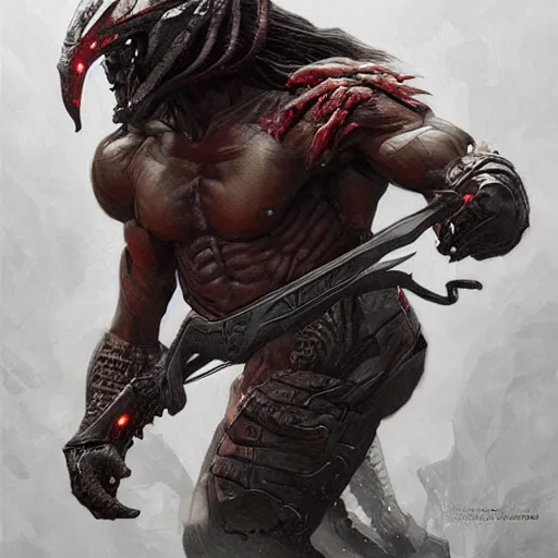 Image similar to The Predator, warrior scene, fantasy, intricate, elegant, highly detailed, digital painting, artstation, concept art, smooth, sharp focus, illustration, fine art by artgerm, greg rutkowski, alphonse mucha