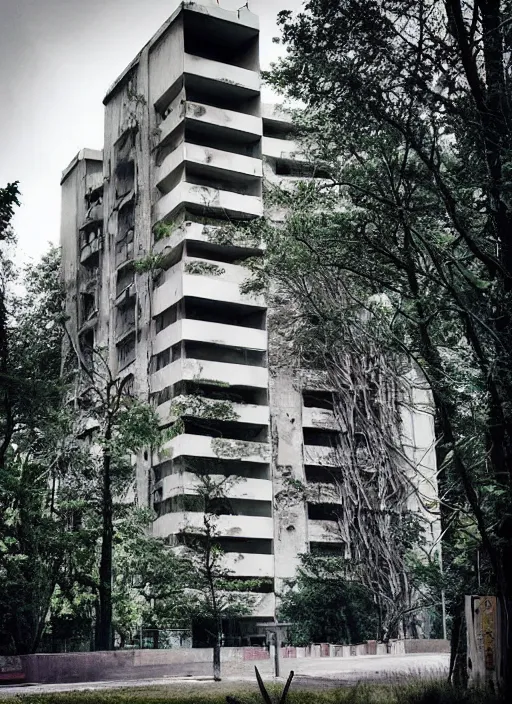 Image similar to “ brutalist architecture surrounded by a neon forest ”