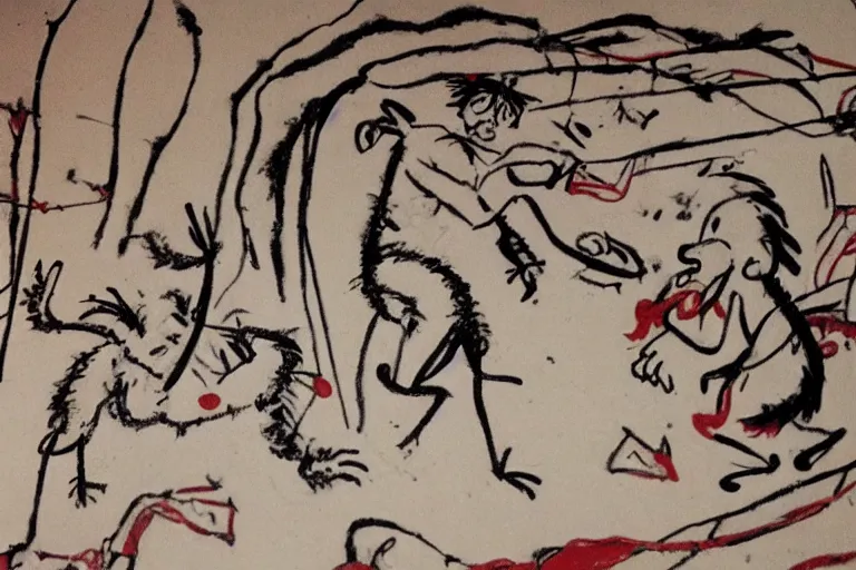 Prompt: calvin and hobbes in cave painting style