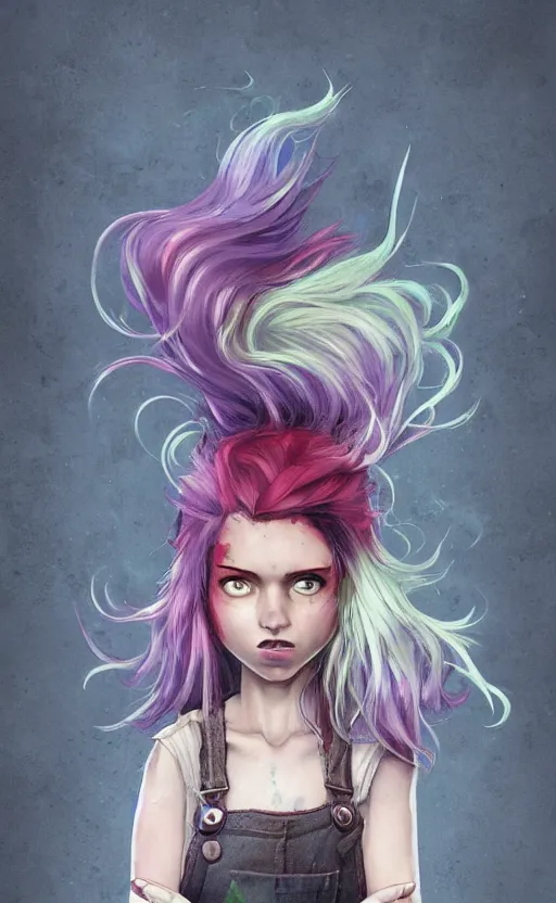 Prompt: a grungy gnome woman with rainbow hair, drunk, angry, soft eyes and narrow chin, dainty figure, long hair straight down, torn overalls, basic white background, side boob, symmetrical, single person, style of by Jordan Grimmer and greg rutkowski, crisp lines and color,