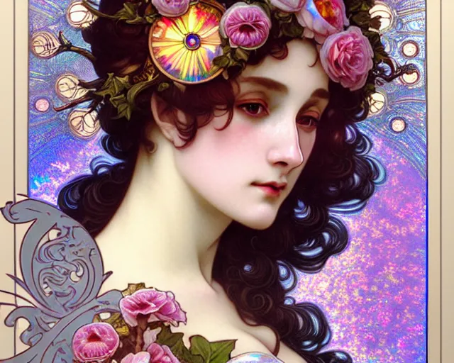 Image similar to overlord, rococo and art nouveau fusion, iridescent diaphanous refractive and reflective flower bouquet, tarot card, highly detailed, deep focus, elegant, digital painting, smooth, sharp focus, illustration, ultra realistic, 8 k, art by artgerm and alphonse mucha