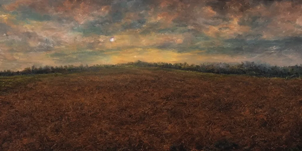 Prompt: the corpse of God lies in the fields, with humanity standing victorious, oil painting 4k, sharp brushstrokes