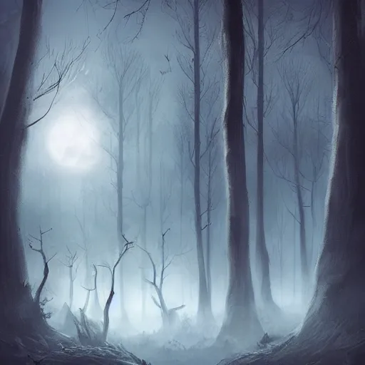 Prompt: a dark ominous forest, dead trees, moonlit, a ethereal ghost approaching, spooky digital artwork by Artgerm, trending on artstation