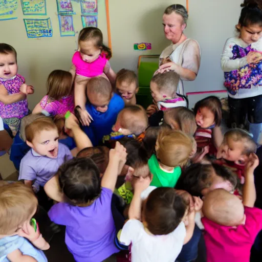 Prompt: mosh pit of infants at day care