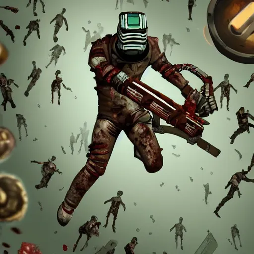 Image similar to minimalist dead space, battling zombies, high fidelity, highly detailed, gruesome