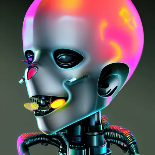 Image similar to hyperdetailed portrait of an atompunk robot head, 8 k, symetrical, flourescent colors, halluzinogenic, black background